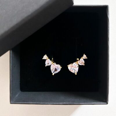 PAIRE DE BOUCLES D'OREILLES GRIMPEUR TRIPLE COEUR Plaqué Or 18 Carats