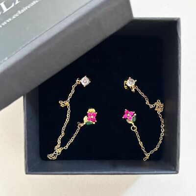 PAIR OF DOUBLE BRILLIANT AND FLOWER EARRINGS WITH CHAIN