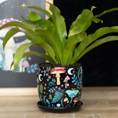 Pot de fleurs en céramique avec soucoupe à imprimé forêt sombre