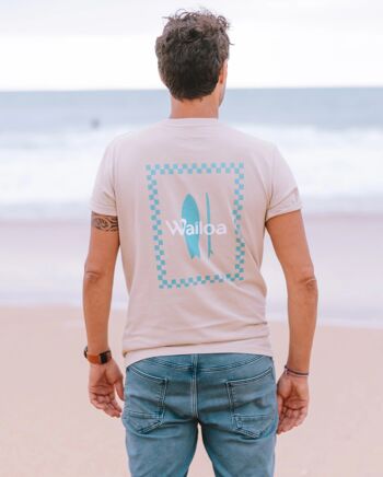 T-shirt unisex coton bio carreaux/surf Waïloa beige/bleu 1