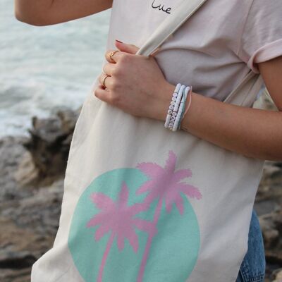 Totebag palm tree recycled cotton natural pink blue