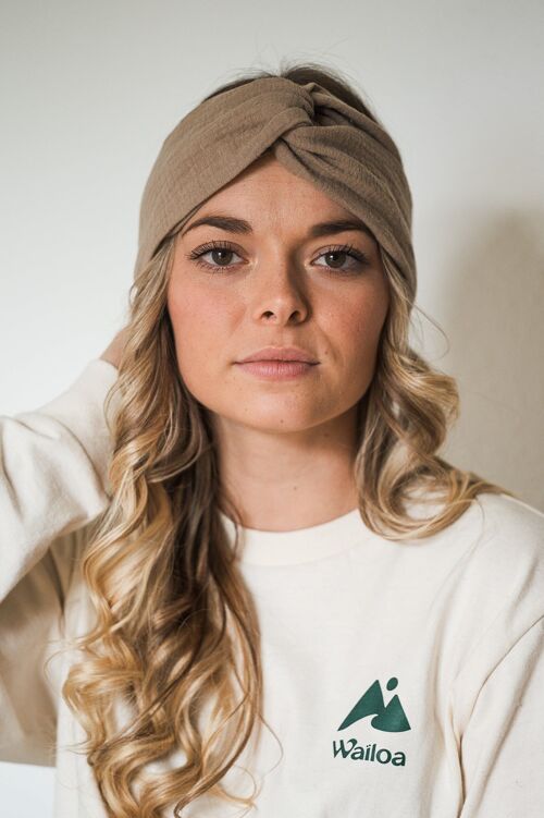 Headband twist élastique double gaze de coton taupe