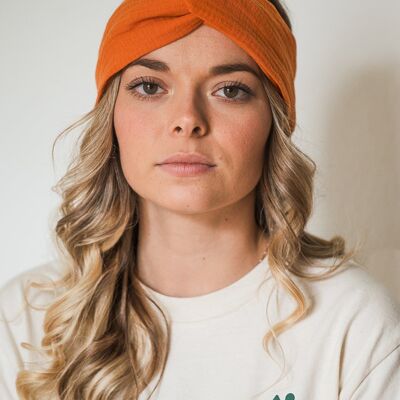 Elastisches Twist-Stirnband aus doppelter Gaze aus orangefarbener Baumwolle
