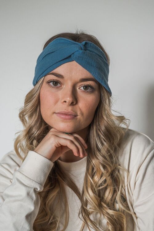 Headband twist élastique double gaze de coton bleu