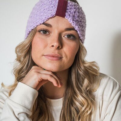 Lilac/burgundy hand knitted wool headband