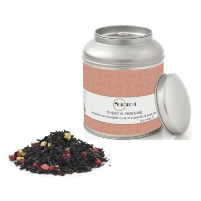 Black Tea Leaves with Marzipan - 90 Gr | Black Tea Marzipan, Almonds, Pink Pepper | Mixture of black tea, marzipan, almonds and spices in bulk metal tin