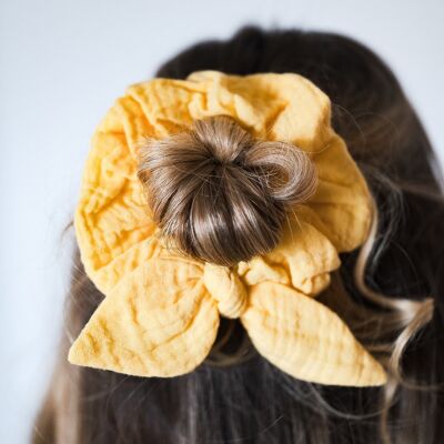 Pastel yellow double cotton gauze bow scrunchie