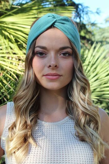 Headband twist élastique double gaze de coton vert/bleu 2