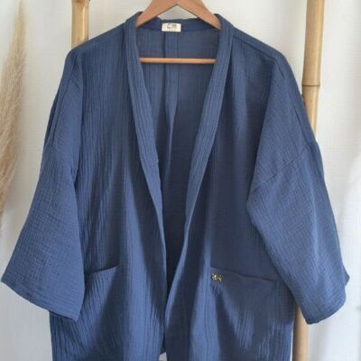 Kimono gaze de coton bleu- Veste Kimono EMAEL