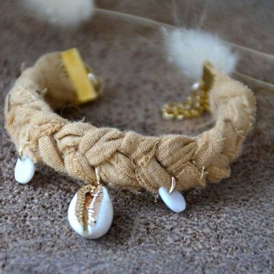 Bohemian braided fabric bracelet & Cauri shell - EMME ocher