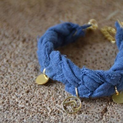 Bohemian braided fabric bracelet & wave pendant - OCEAN blue