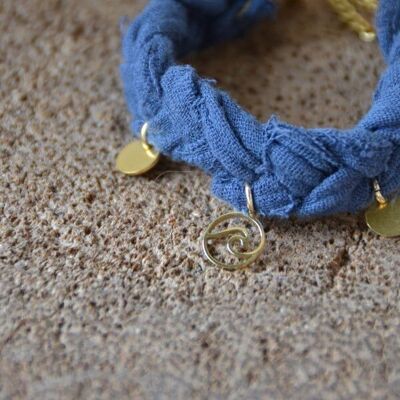 Bohemian braided fabric bracelet & wave pendant - OCEAN blue