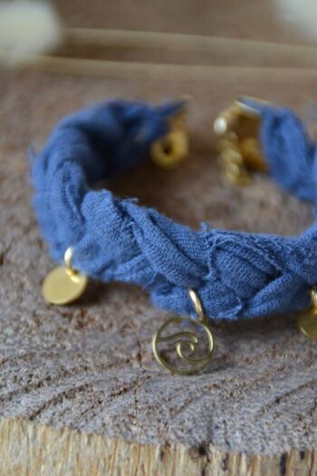 Bracelet bohème tissu tressé & pendentif vague - OCEAN bleu 2