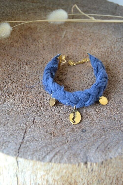 Bracelet bohème tissu upcyclé & coquillage - CAURI bleu