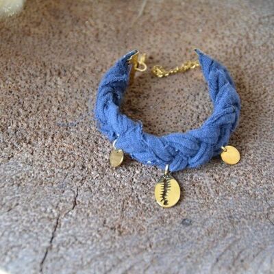 Bracelet bohème tissu upcyclé & coquillage - CAURI bleu