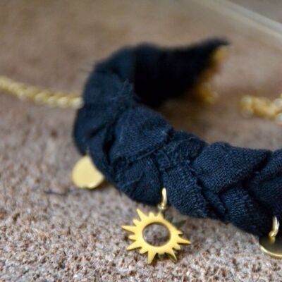 Bohemian braided fabric bracelet & sun pendant - SUN black
