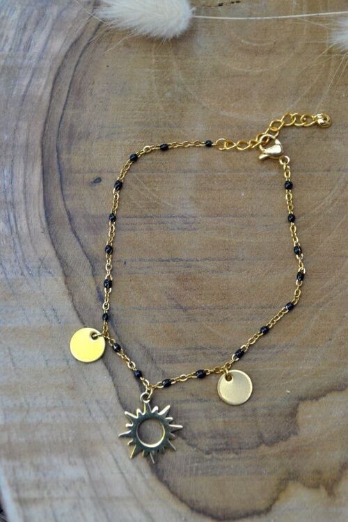 Bracelet acier inoxydable doré & pendentif soleil - SUN noir