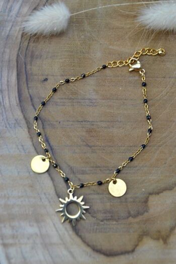 Bracelet acier inoxydable doré & pendentif soleil - SUN noir 3