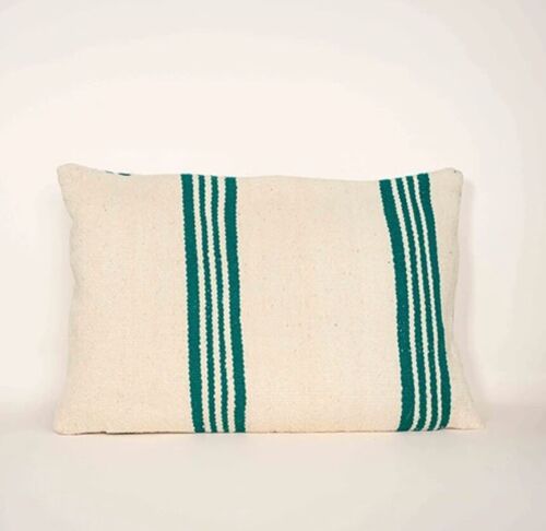 coussin berbère rembourré en laine rayé vert et blanc 60x40 cm