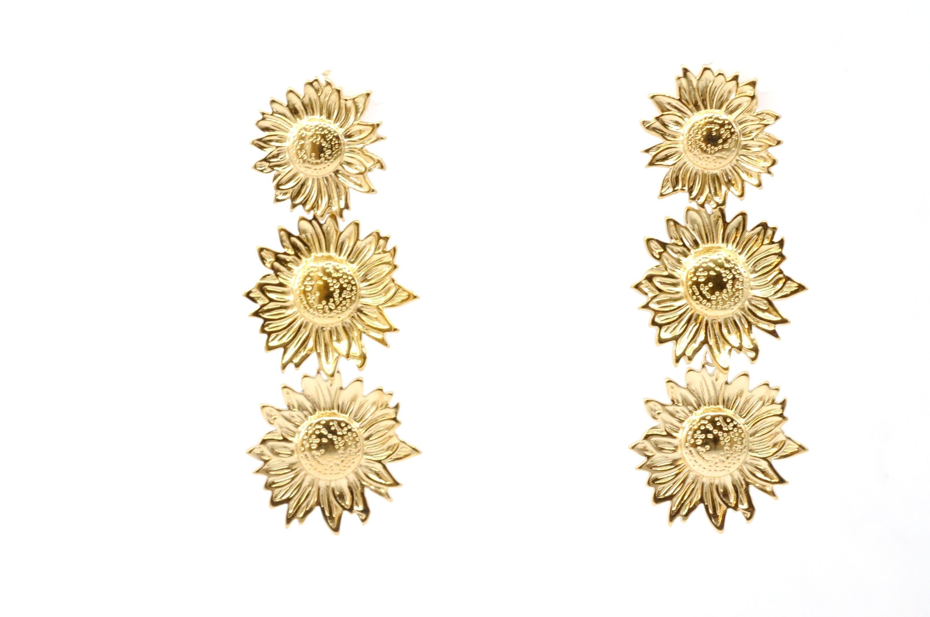 Orecchini in acciaio con tre fiori di girasole