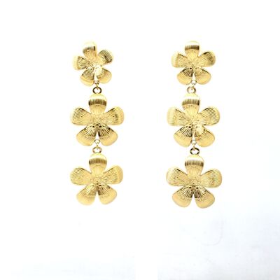 Boucles d'oreilles acier pendantes trois fleurs mobiles