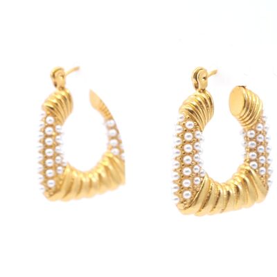 Medium square steel hoop earrings decorated with pearls