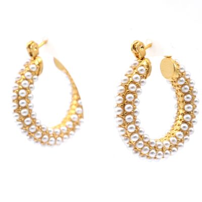 Small square steel hoop earrings decorated with pearls