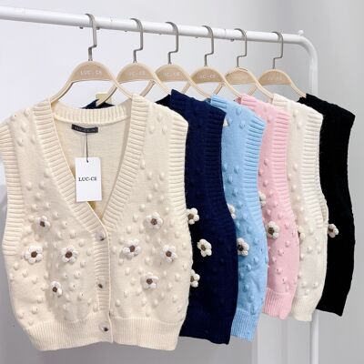 Knitted Flower Sleeveless Vest - 781