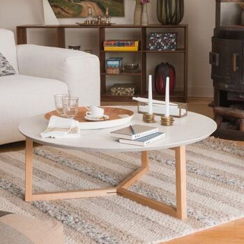 Table basse ASTYLE 98 avec plateau en céramique Calacatta Blanc et base en bois. 4