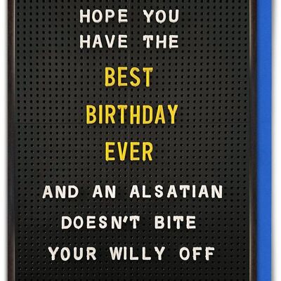 Tarjeta de cumpleaños divertida: el alsaciano muerde a Willy