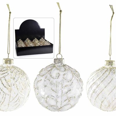 Glass Christmas tree baubles with glitter decorations to hang on display