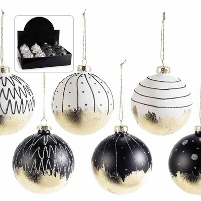 Adornos de cristal para árboles de Navidad con adornos dorados y negros en exhibición