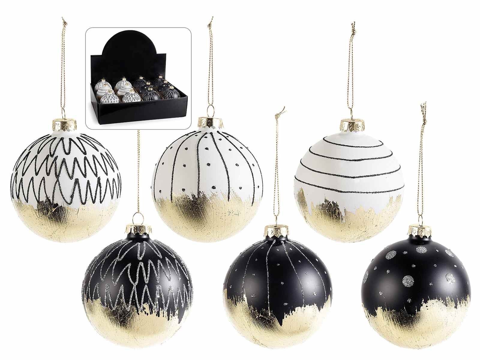 Palline in vetro per albero di Natale con decorazioni oro e nero in espositore