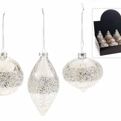 Antique effect glass Christmas baubles with rhinestones in display