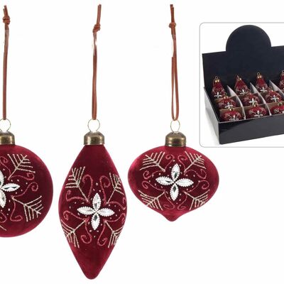 Burgundy velvet Christmas baubles with glitter decorations in display