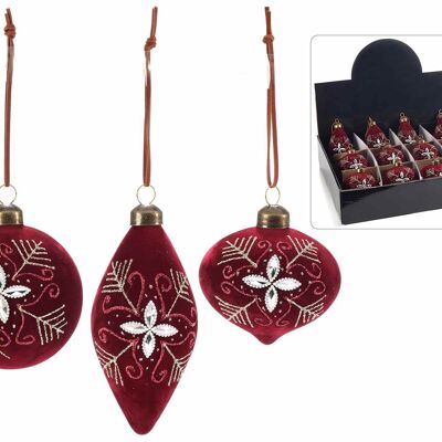 Adornos navideños de terciopelo burdeos con adornos brillantes en exhibición