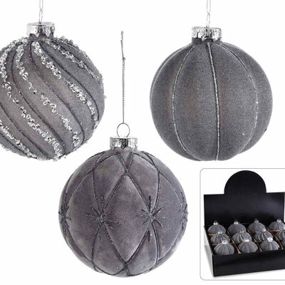 Gray velvet Christmas baubles with glitter decorations in display