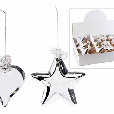 Heart and star decorations in silver glass with gems to hang in the display