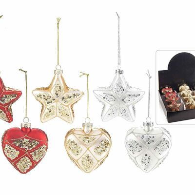 Glass Christmas star and heart decorations with sequins to hang on the display