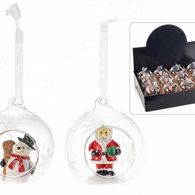 Transparent glass baubles with Santa Claus and snowman in display