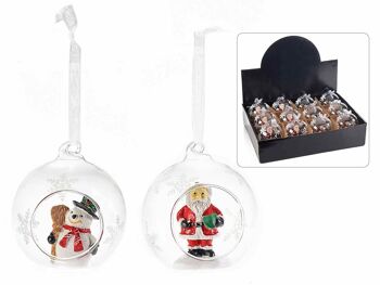 Boules en verre transparent avec Père Noël et bonhomme de neige exposés