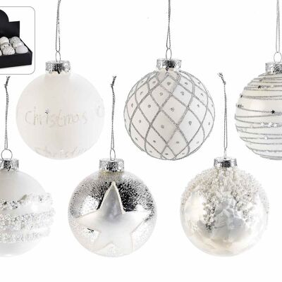 Glass baubles with silver glitter decorations in display
