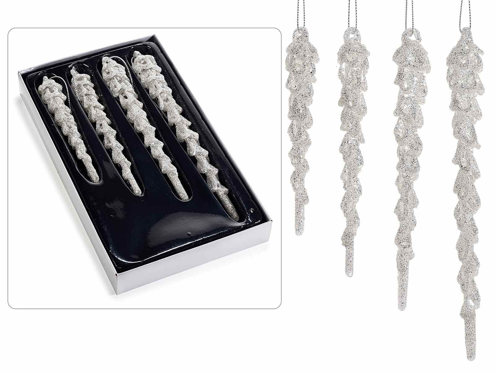 Ghiaccioli glitterati argento in vetro da appendere in set da 4