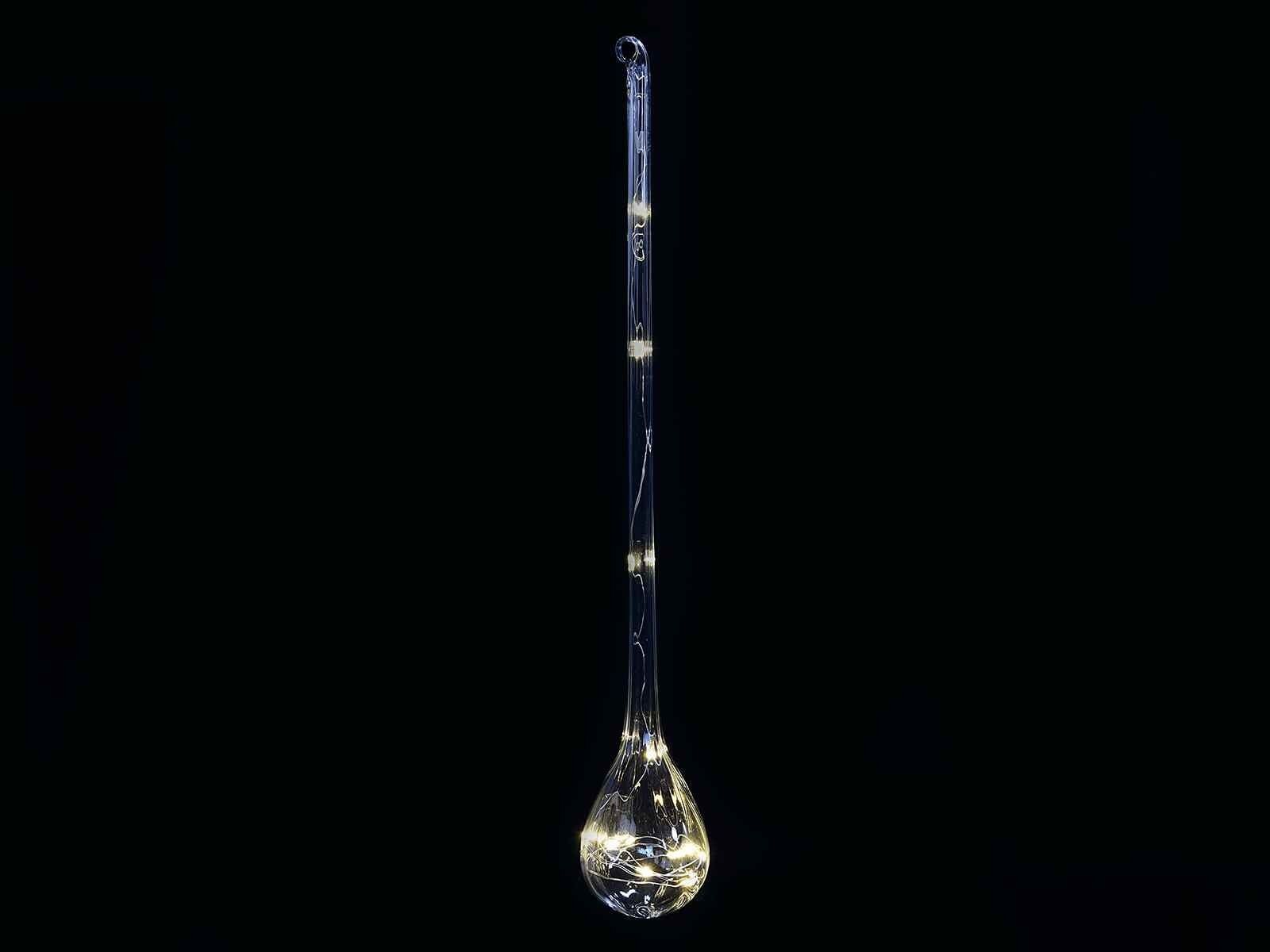 Glass drop decorations with warm white LED light to hang