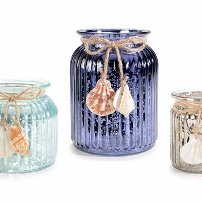 Marine style vases in antique glass with shell decoration and bow in a set of 3 pieces