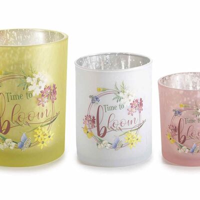 Satin glass candle holder with floral decoration in a set of 3 pieces