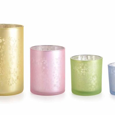 Farbiger Kerzenhalter aus satiniertem Glas mit Blumendekor im 4er-Set