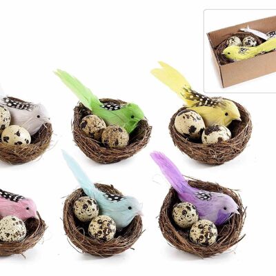 Hand-painted bird nests with eggs and real feathers with clip / clothespin