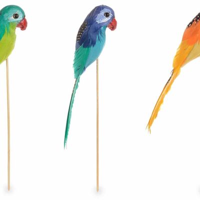 Decorative parrots with feathers on wooden stick