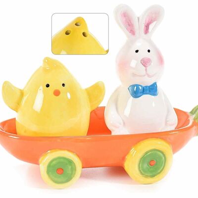 Set de salero y pimentero de Pascua con conejo y pollito en máquina zanahoria